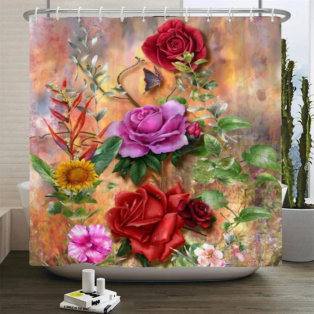 Retro Blooming Flowers Shower Curtains Bathroom Curtains Waterproof Polyester Bath Curtain with 12 Hooks Shower Curtain
