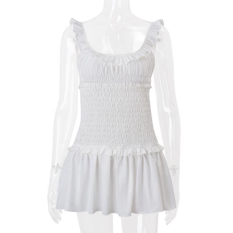 

White Ruffles Ruched Square Collar Slimming Holiday Dress Female Autumn Fungus Edge Fashion Sexy Miniskirt 2025 White L