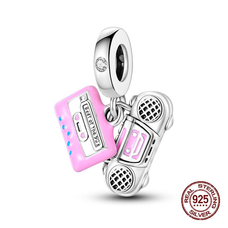 

S Copper Charms Beads Pendants Pink Radio Cassette Tapes Beads Fit Original Bracelet Charms Women Jewelry