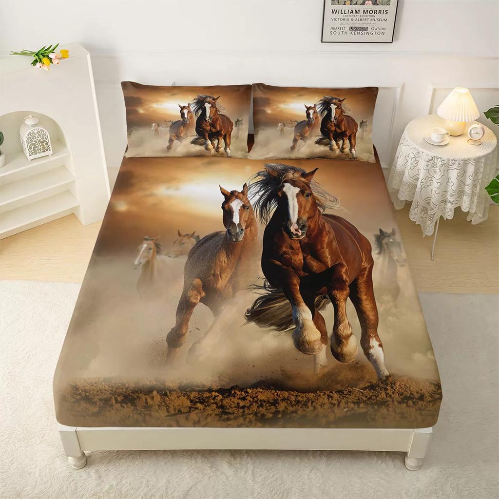 Horse Single Fitted Sheet,Animal Horse Bed Sheets Deep Pocket 30 cm,Microfibre 3D Bed Sheet with Pillowcase for Kids and Aldults