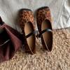 Leopard Print Suede Square Head Shallow Mouth Single Shoes Women's Spring and Autumn New Korean Version French Commuter Casual Flat Mary Jane Shoes