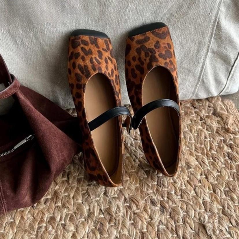 Leopard Print Suede Square Head Shallow Mouth Single Shoes Women's Spring and Autumn New Korean Version French Commuter Casual Flat Mary Jane Shoes