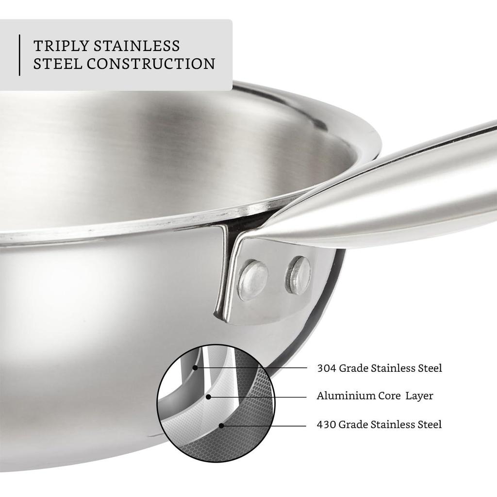 Stainless Steel Triply Frying Pan (Small Size/ 22Cm) | Induction and Gas Stove Compatible | Three-Layer Durable Construction