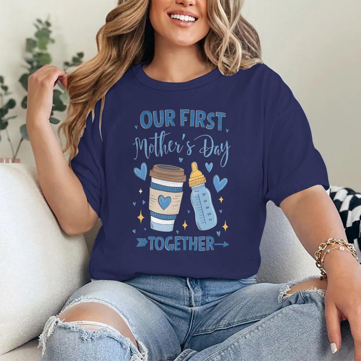 

Our First Mothers Day Together Print T Shirts Fun Coffee And Bottle Graphic Tshirts Short Sleeve Crewneck Casual Tops For Women S