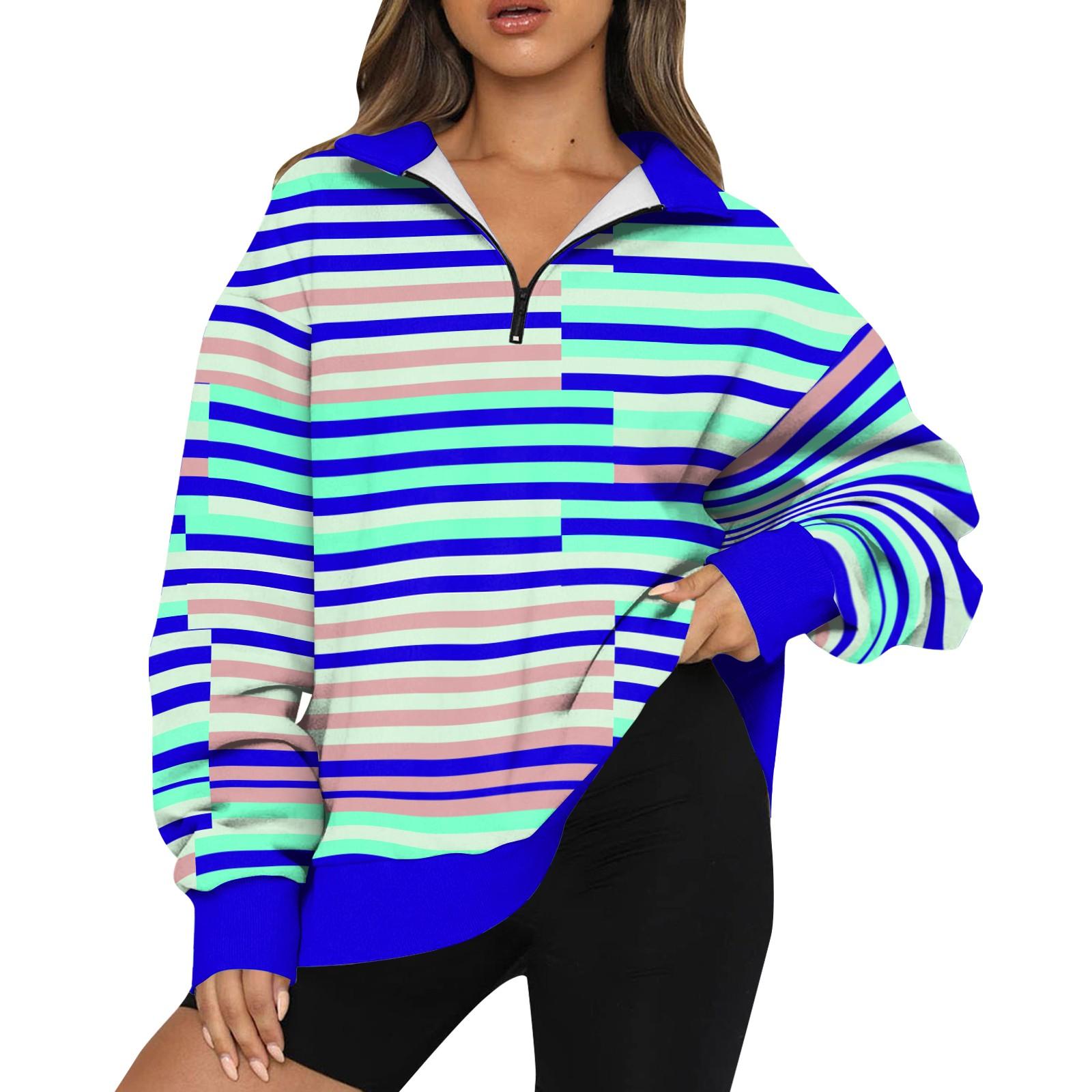 

Женская толстовка, модная, с длинными рукавами, в полоску, с принтом, с застежкой-молнией на половину длины XXL синий