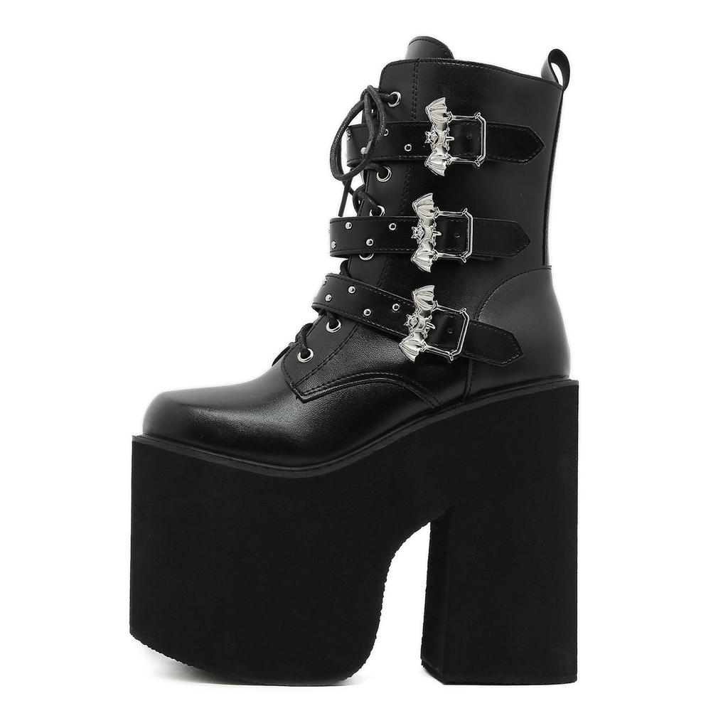 Gdgydh Stivali da donna a metà polpaccio con fibbia punk gotico, tacchi altissimi, scarpe invernali, cerniera laterale, stivali da cavaliere con suola spessa