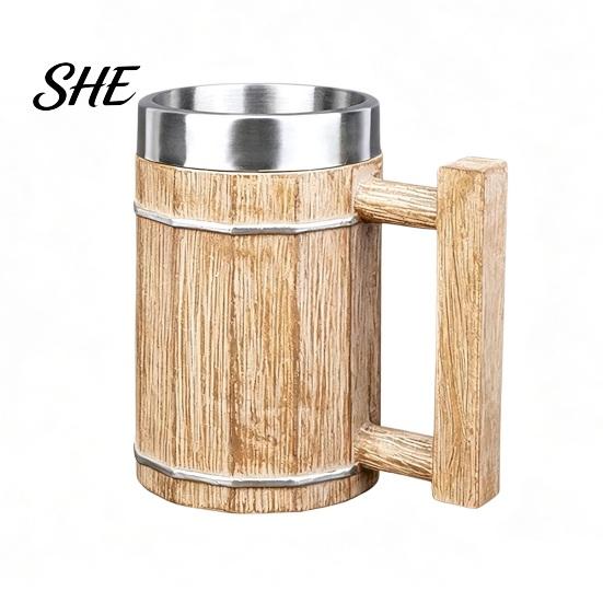 Food Grade Beer Mug Wood Barrel Mug, 600ml Stainless Steel Liner Stein, Durable Stein Rustic Tankard for Pub Home Bar Party Gift Vintage Style