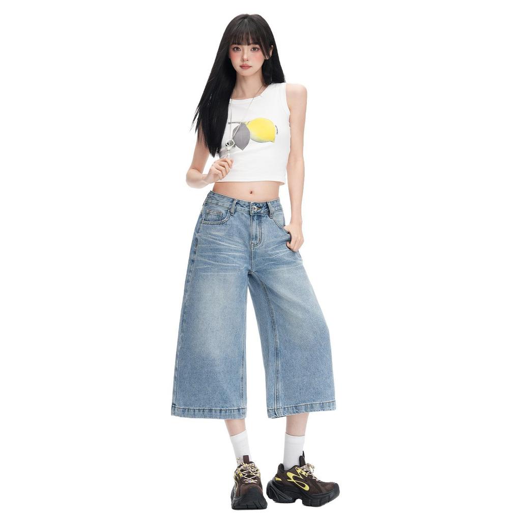 Trendy Summer Vintage Loose Straight Cropped Capri Denim Pants For Women Versatile Slimming AllMatch Basic Denim Bottoms