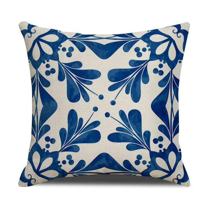 Chinese retro style blue and white ceramic printed fabric linen cotton throw pillow wrapped sofa home decoration pillow