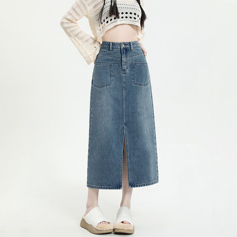 Eleganter Design-Sinn Schlitz-Tasche Damen Vintage Hohe Taille Schlitz Paket Hüfte Mittel Lang A-Linie Vielseitig Bequem Mode Denim Bustier Rock