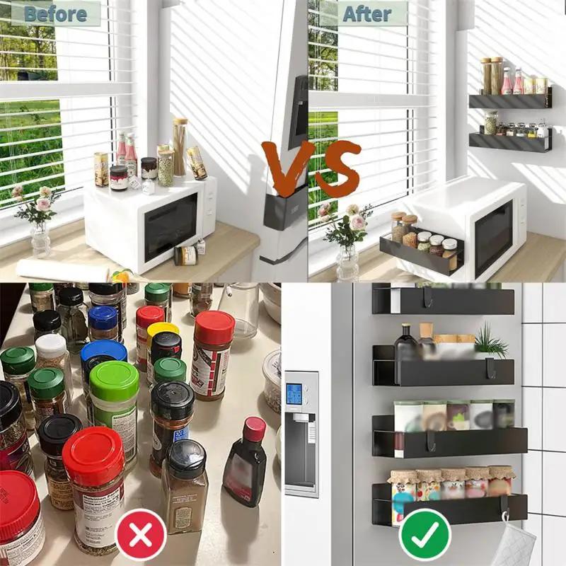 Magnetic Fridge Shelf Spice Storage Rack Black Iron Space Saving For Cabinet On The Side Of Refrigerator Kitchen Organizer Shelf