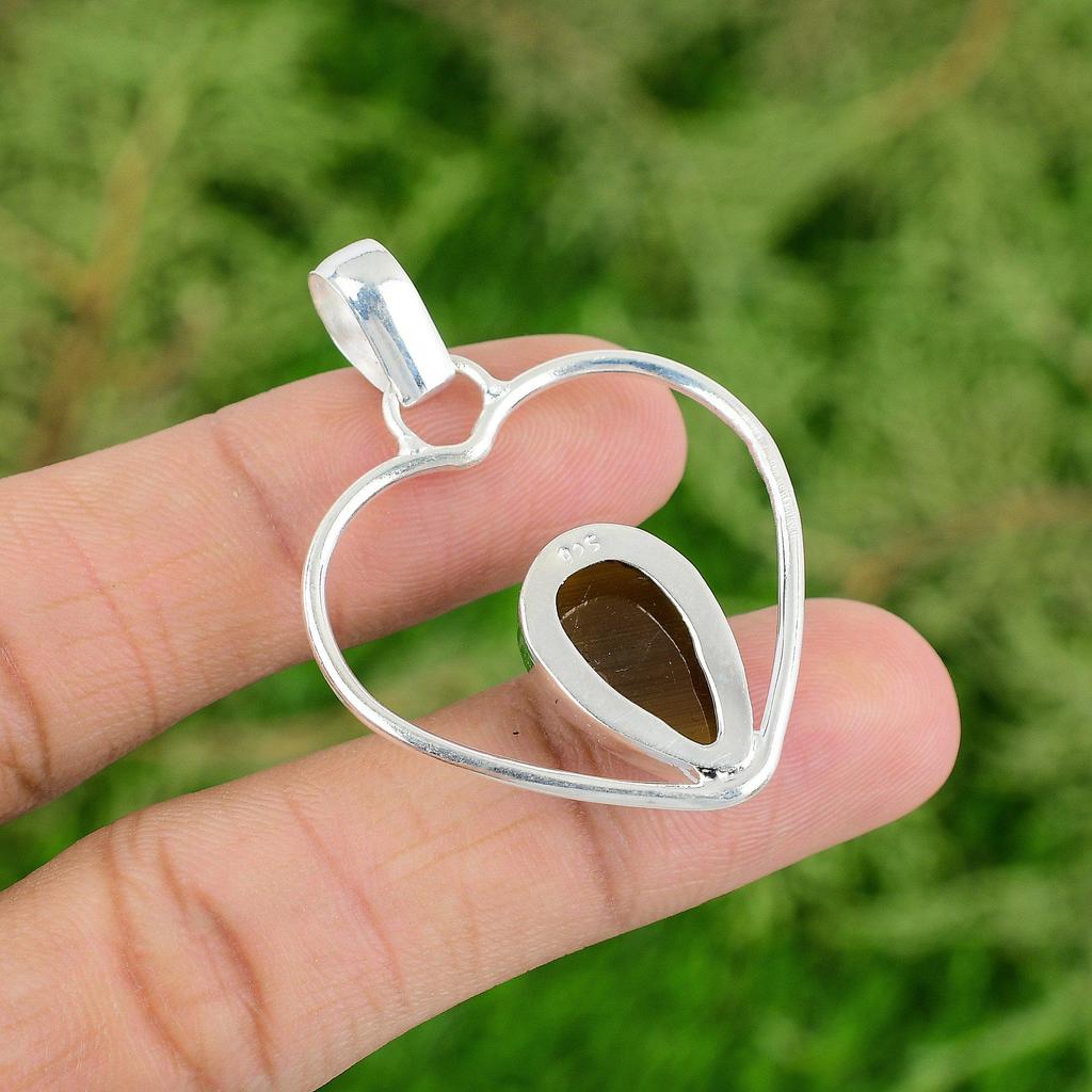 Daughters Day Sale Sterling Silver Tiger's Eye Gemstone Engagement Heart Pendant