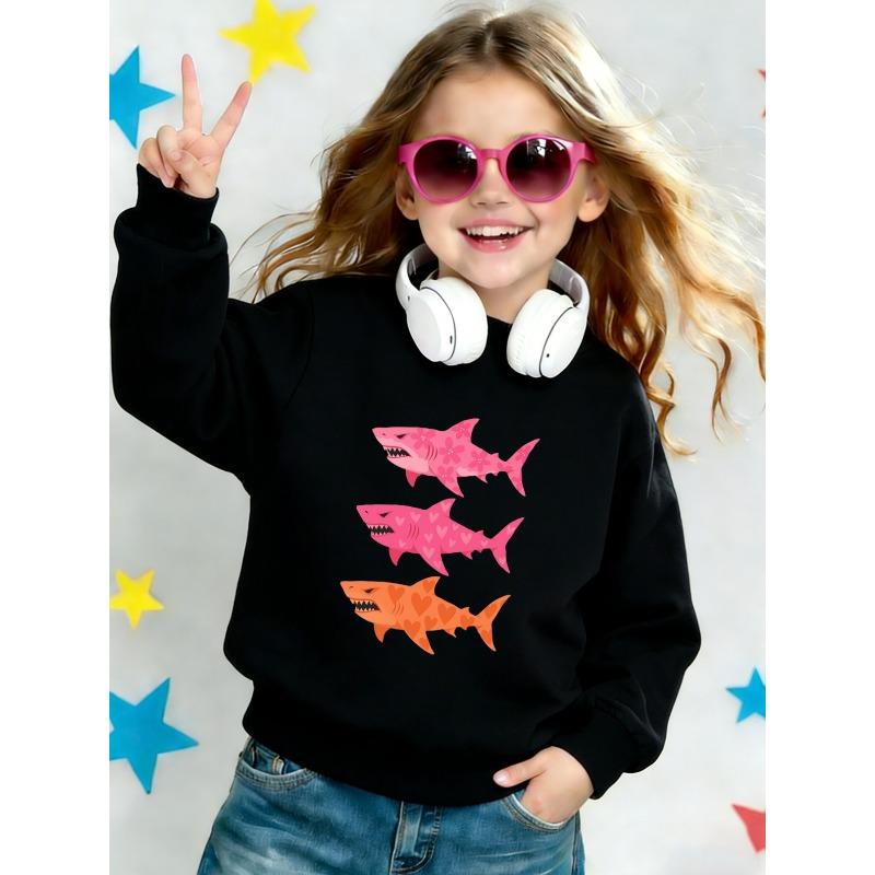 Kids Unisex Crewneck Sweatshirt, Cute Pink Orange Heart Floral Shark Cartoon Print Soft Fleece Pullover For Kids Over 4 Years Old