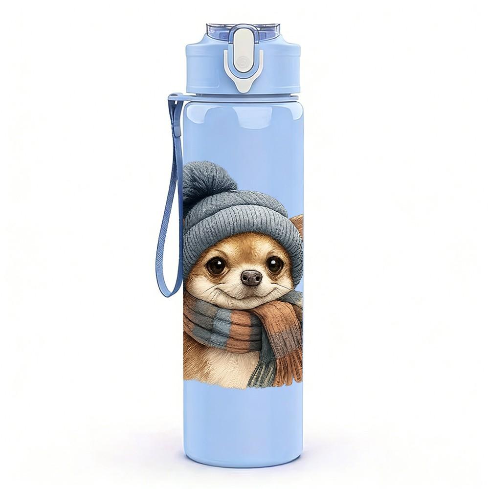 1PC Warm Hat Chihuahua Cartoon 750ml Color Plastic Sports Water Bottle Leakproof Flip Straw Lid Suitable for Sports Office Home Use