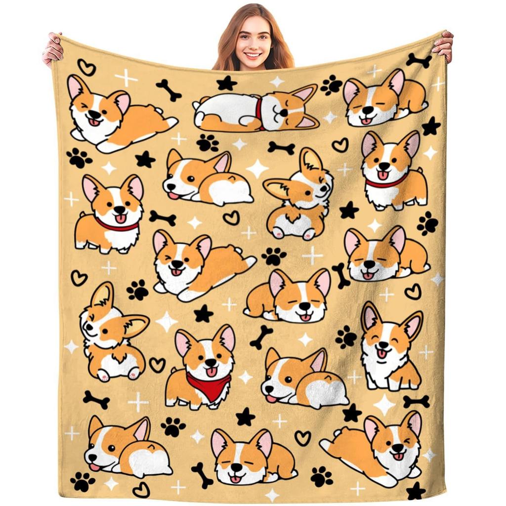 Cute Corgi Blanket Puppy Pattern Blanket Soft Flannel Blanket for Children Adult Gift Blanket