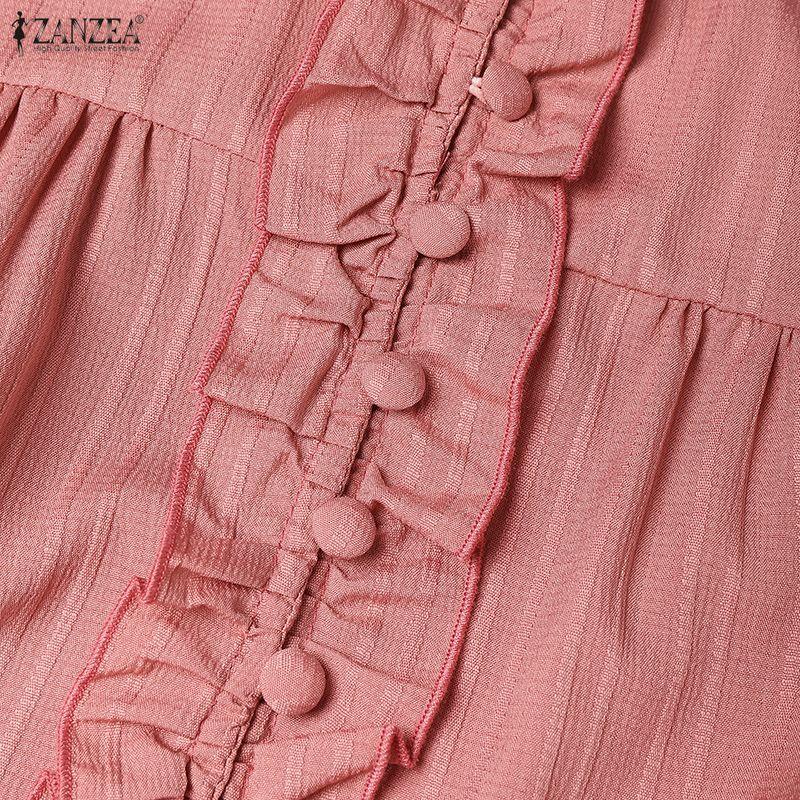 ZANZEA Lässiges, einfarbiges, langärmeliges Kleid mit Rundhalsausschnitt für Damen