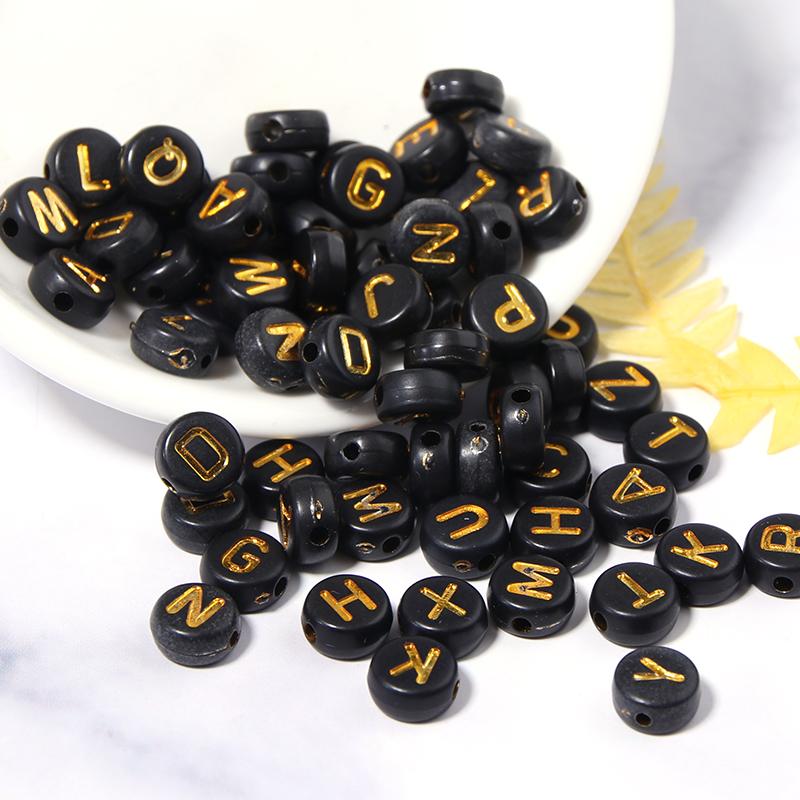 100pcs Black Color Acrylic Letter Beads A-Z Round Flat Alphabet Spacer Bead for Jewelry Making DIY Bracelet Necklace Charms