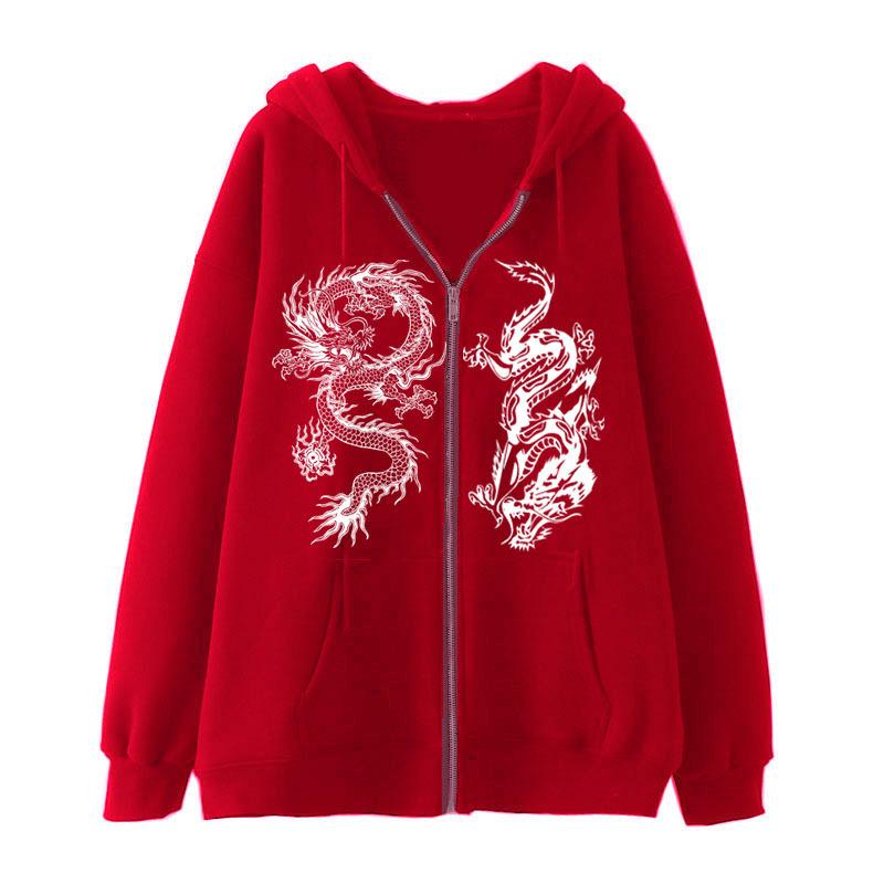 Women's Dragon Print Zipper Hoodie - Trendy European and American Street Style Fleece Jacket