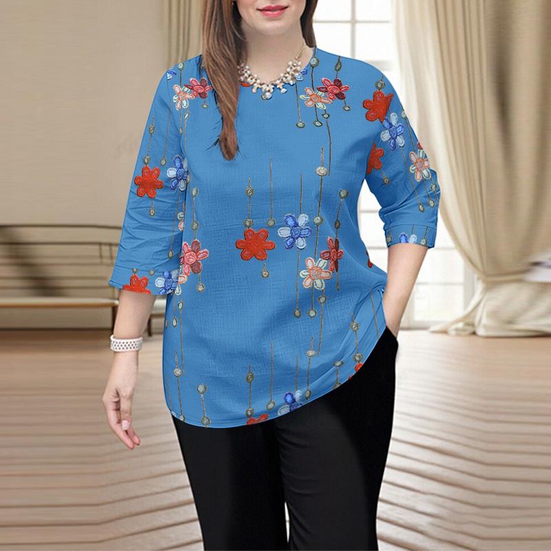 ZANZEA Women Casual Round Neck 3/4 Sleeve Loose Floral Print Blouse