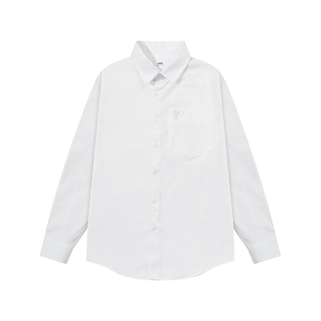 AMI 2025 Autumn New Product Chest Pocket Classic Invisible 3D Embroidered Small Love Casual Cotton Solid Color Long Sleeve Shirt