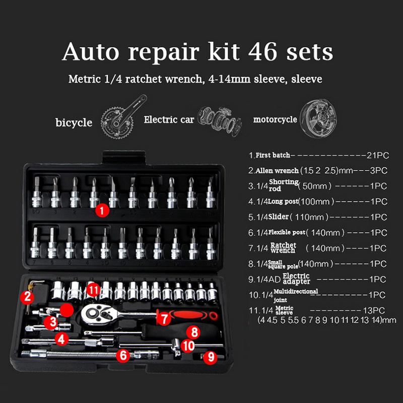 46 Pcs/Set Multifunctionl Ratchet Wrench Set Professional Mechanic Repair Tools Combination Kit with Carry Case for Auto Repair