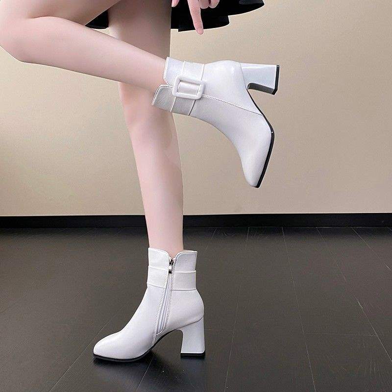 New Foreign-style White Leather Shoes Women's 2025 Short Boots Korean Version Medium Boots High Heels Women's Shoes 5com Thin Velvet Autumn and Win