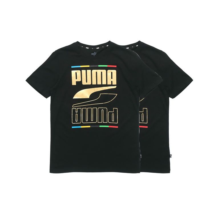 Puma Gold Foil Logo Print Short Sleeve T-Shirt Men Tops Black 586589-01