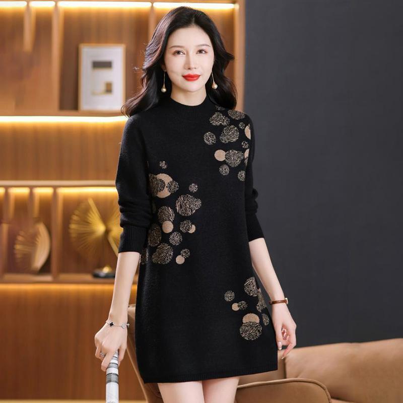 Kleid für Frau Baumwolle Winter Warm Rundhals Langarm Vintage Lässig Bedruckt Lang Stretch Strickpulloverkleider