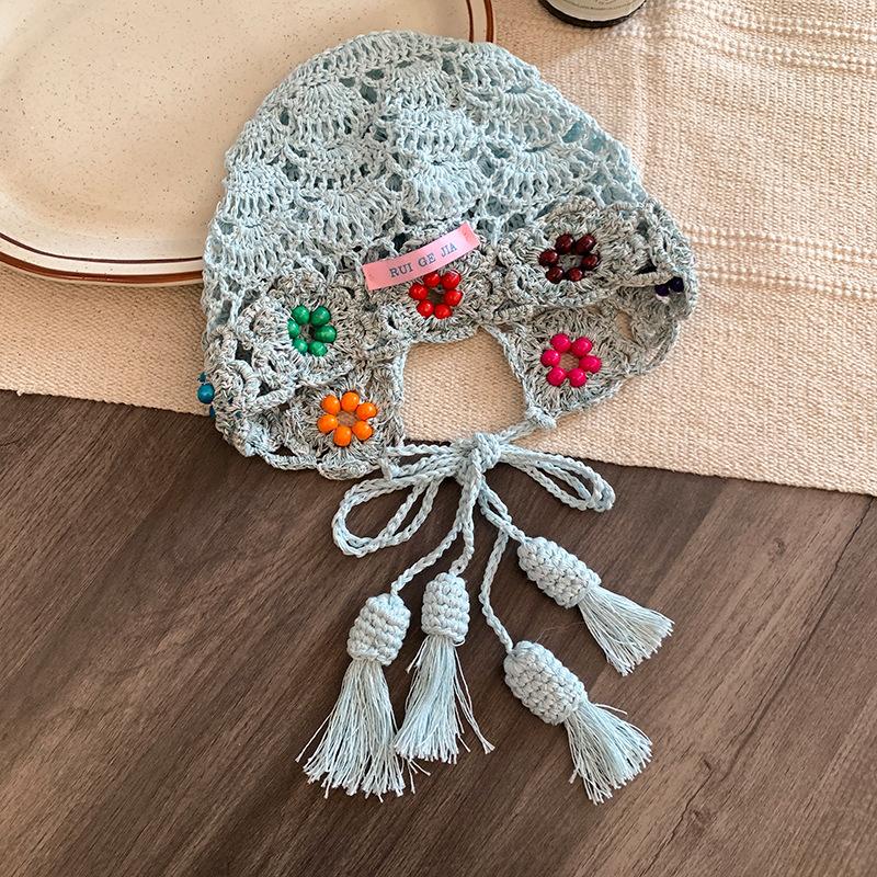 Handmade crochet flower fringe hollow hat female face small knitted bag hat