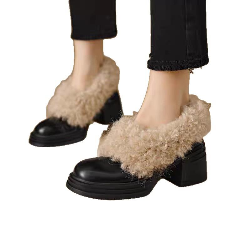 Coarse heel winter warm waterproof cotton shoes women's retro versatile fluffy shoes piled thick one pedal high heel square head single shoes