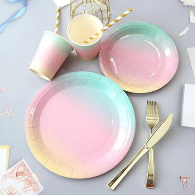 Disposable Rainbow Paper Plates and Cutlery Set for Parties and Dinner