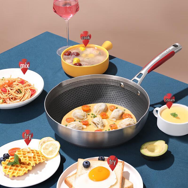 KOBACH 5th Gen 316L Stainless Steel Honeycomb Flat Bottom Stir-fry Pan, 28cm