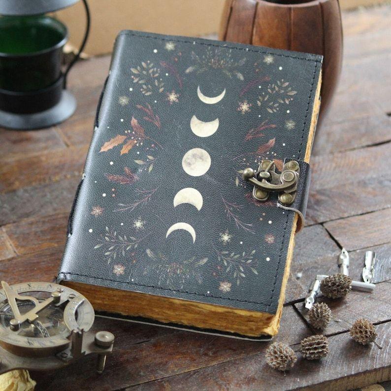 Moon Phase Leather Journal | Wiccan Spell Book of Shadows | Herbal Witch Grimoire | Celestial Notebook | Witchcore Aesthetic | Lunar Journal