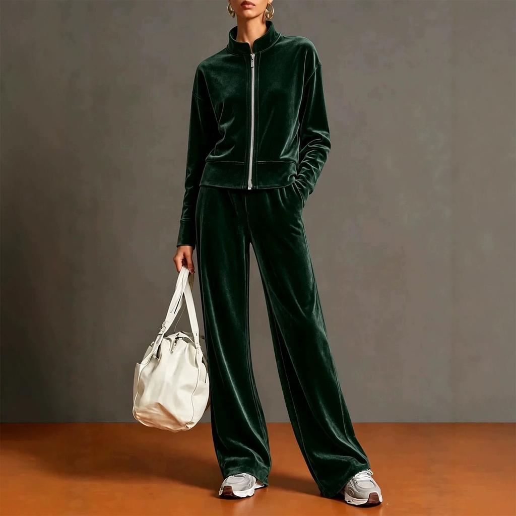 Women's Casual 2 Piece Set - Color Stand Collar Cardigan with Wide Leg Pants