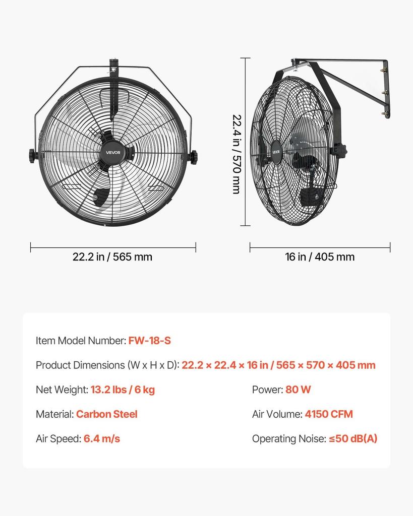 Wall Mount Fan, 450 mm Wall Mounted Hanging Fan with IP44-rated Protection, 3-Speed, Long Airflow Distance, Adjustable Rotation Angle, Powerful for