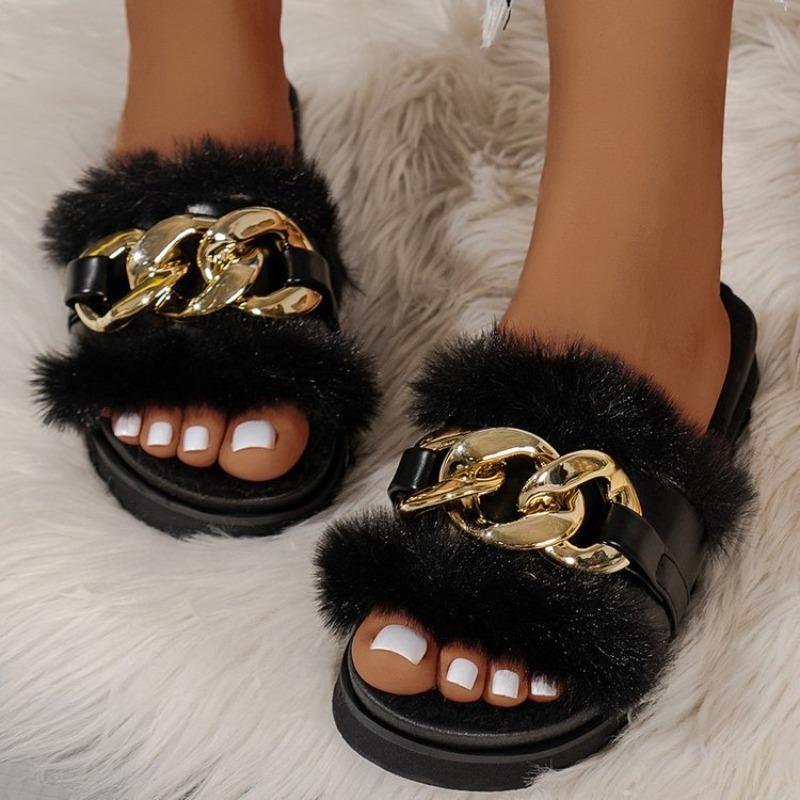 Large size new flat bottom one-word metal chain Mao Mao drag comfortable casual one-word slippers women