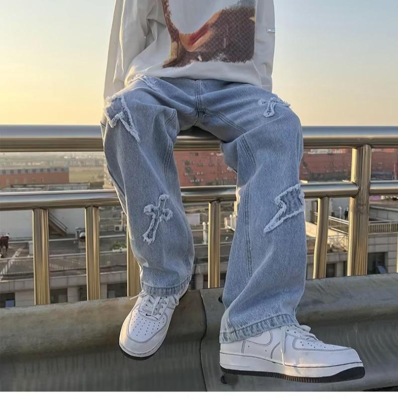 Herren Trendy Patchwork Denim Jeans - Hip Hop Ausgefranste Kante, Gerade, Locker Geschnitten Lässige Hosen