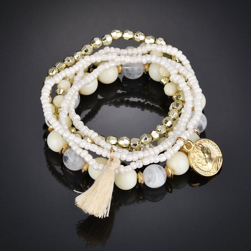 6Pcs/Set Bohemian Beaded Multi-layer Bracelet For Women Vintage Fashion Metal Coin Pendant Tassel Bracelet Vacation Jewelry Gift