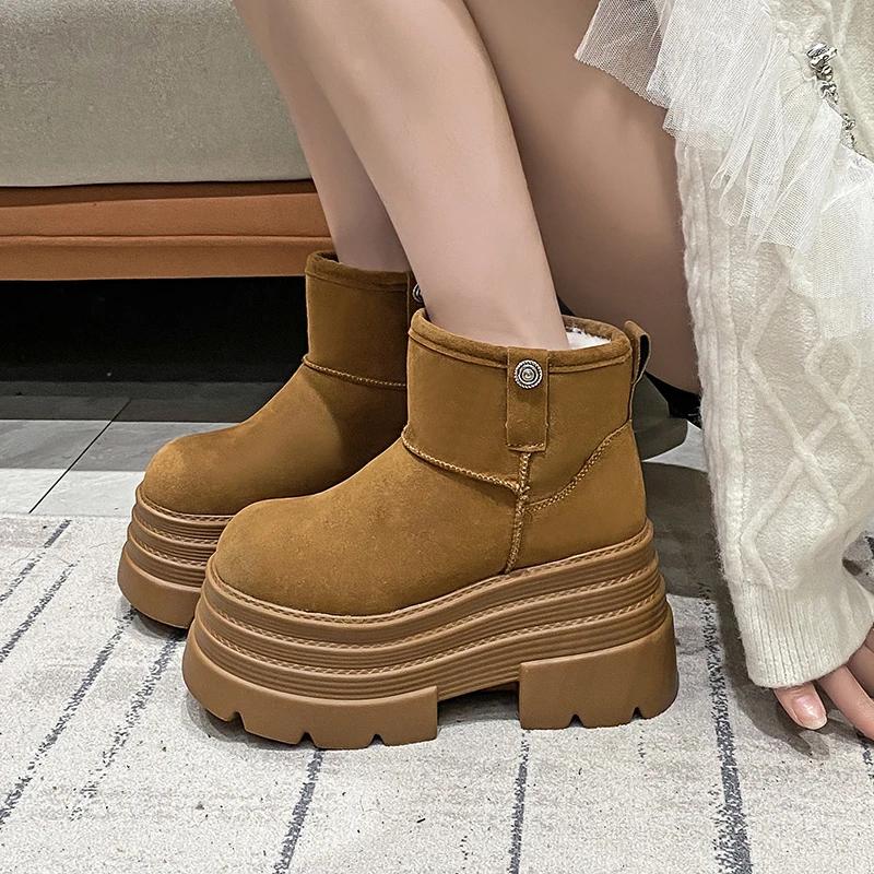 Fashion 10CM Women Snow Boots Non-slip Winter Warm Plush Short Boots Thick Fur High Platform Ankle Boots Suede Leather Chunky Sneakers