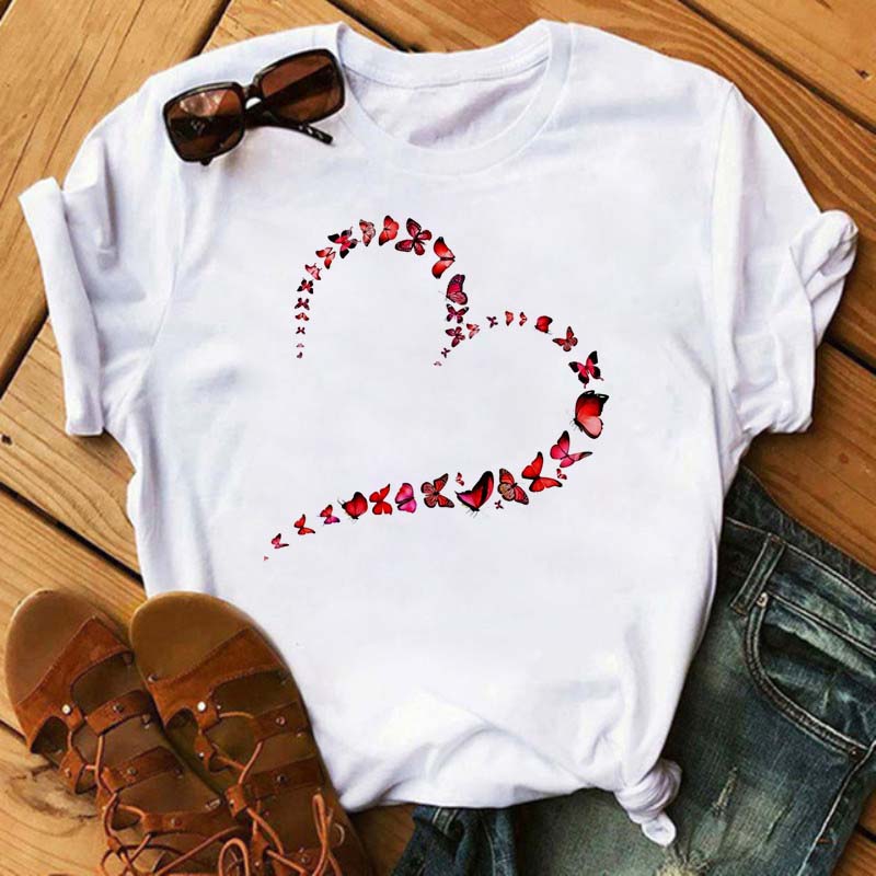 Women T Shirt Aesthetic Butterfly Love Heart Graphic Print Female Tshirt Clothing Summer Fashion Short Sleeve Kawaii T-Shirt