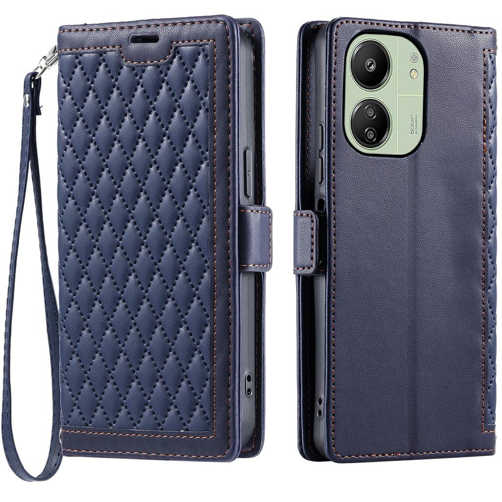 Leather Case For Xiaomi Redmi 13C 5G/4G/13R 5G/Poco C65 4G Rhombus Texture Wallet Stand Phone Cover with Wrist Strap