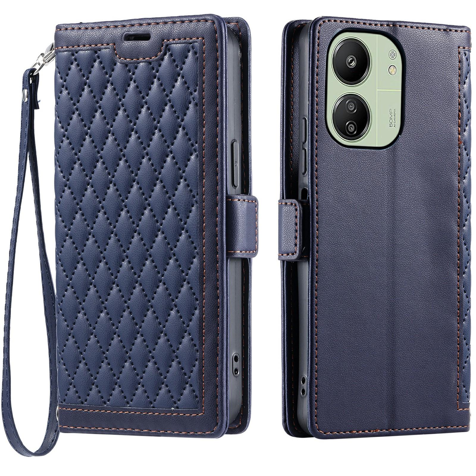 

Leather Case For Xiaomi Redmi 13C 5G/4G/13R 5G/Poco C65 4G Rhombus Texture Wallet Stand Phone Cover with Wrist Strap Blue