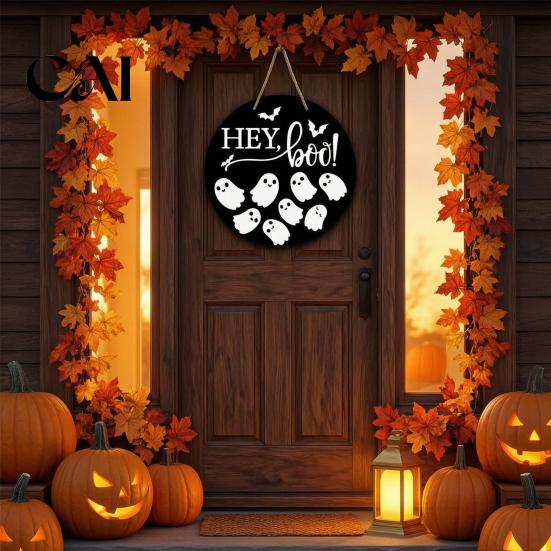 Festive Entryway Fall Display Halloween Door Sign for Porch, Cute Ghost Scarecrow Dwarf Hanging Wall Decorative Seasonal Plaque, Rustic Farmhouse