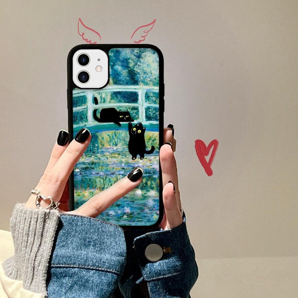 Cartoon Animal Black Cat Oil Painting Phone Case Silicone PC+TPU For For iPhone  11 12 13 14 15 16 Plus Pro Max Cover