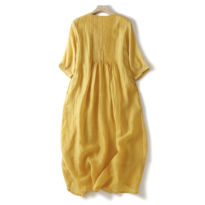 2025 Summer New Retro Heavy Industry Pleated Cotton and Linen Dress Women's Loose Large Size Solid Color Medium and Long Dress