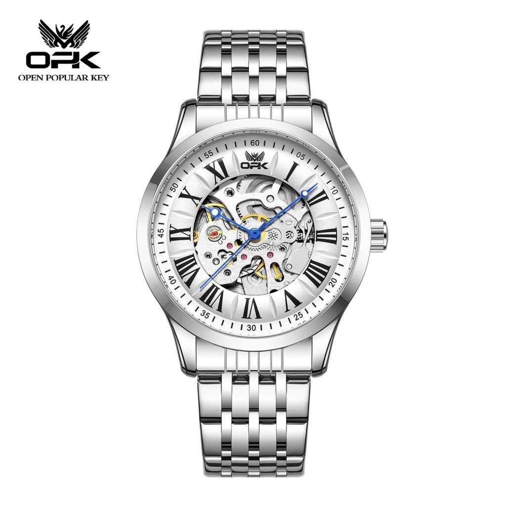Mens Automatic Mechanical Watch Skeleton Hollow Roman Numeral Dial Waterproof Stainless Steel Business Dress Wrist Watch for Men
