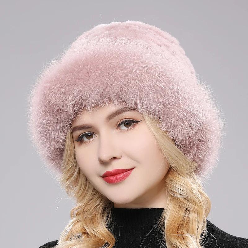 Novos chapéus de pele de coelho rex real para mulheres inverno com pele de raposa, chapéu de pele de inverno grosso e fofo e quente, boné feminino de malha 100% pele de coelho rex real