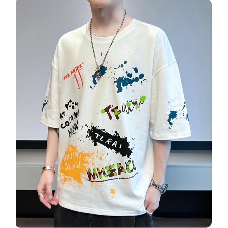 Camiseta de Verano para Hombre Streetwear Manga Corta Holgada Estampada Estudiante Casual Top Media Manga Cuello Redondo Camiseta de Marca