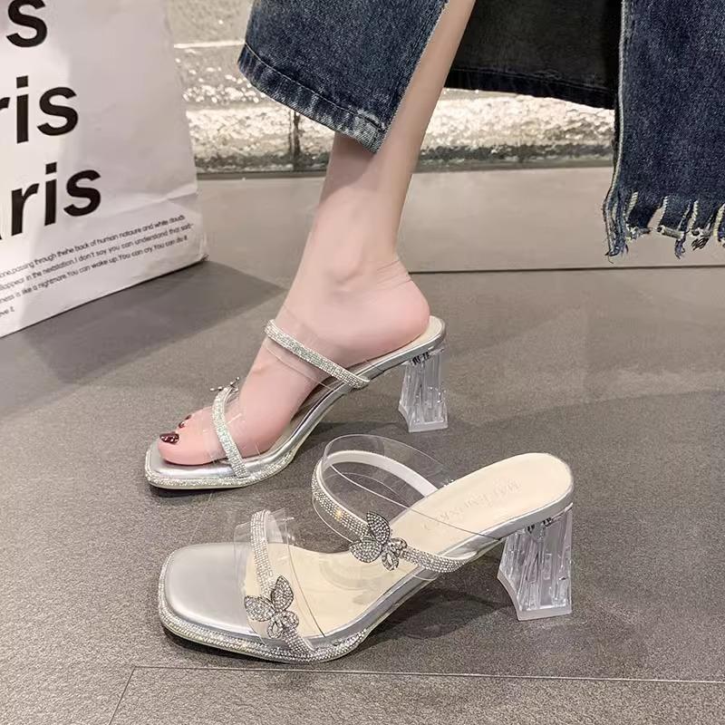 Fairy wind high-heeled slippers female summer wear 2025 new transparent rhinestone one-word drag crystal thick-heeled cool slippers