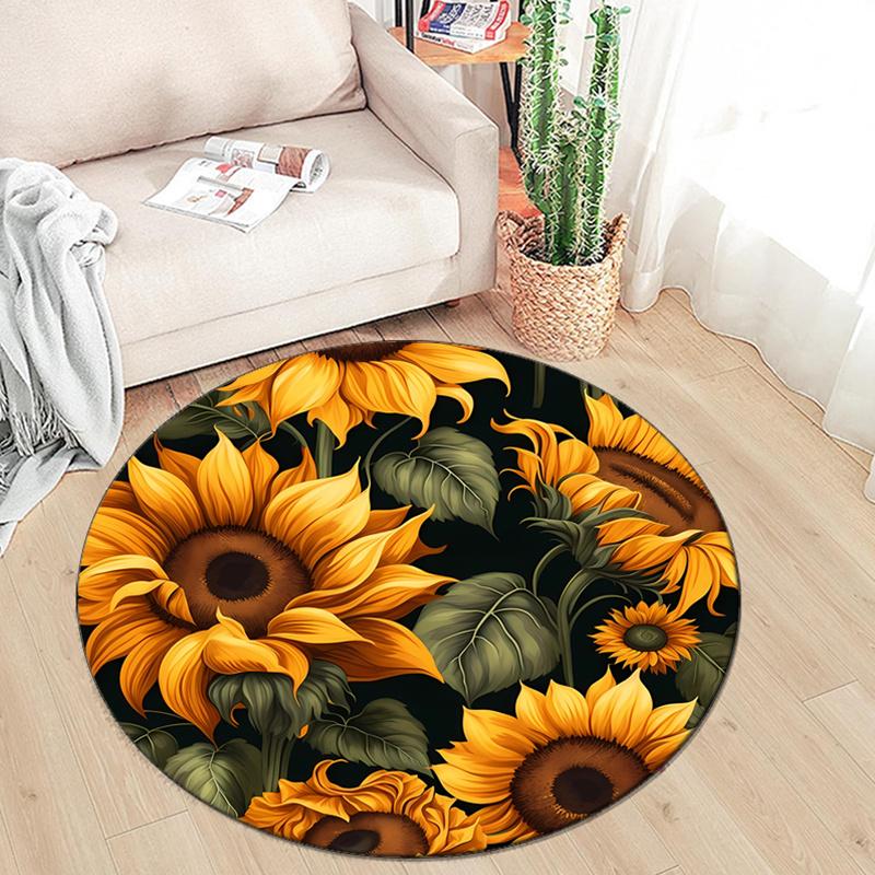 Crystal Velvet Sunflower Printed Round Area Rug Chair Round Carpet for Bedroom Living Room Home Decor Rugs Non-Slip Mat Rug for Bedside